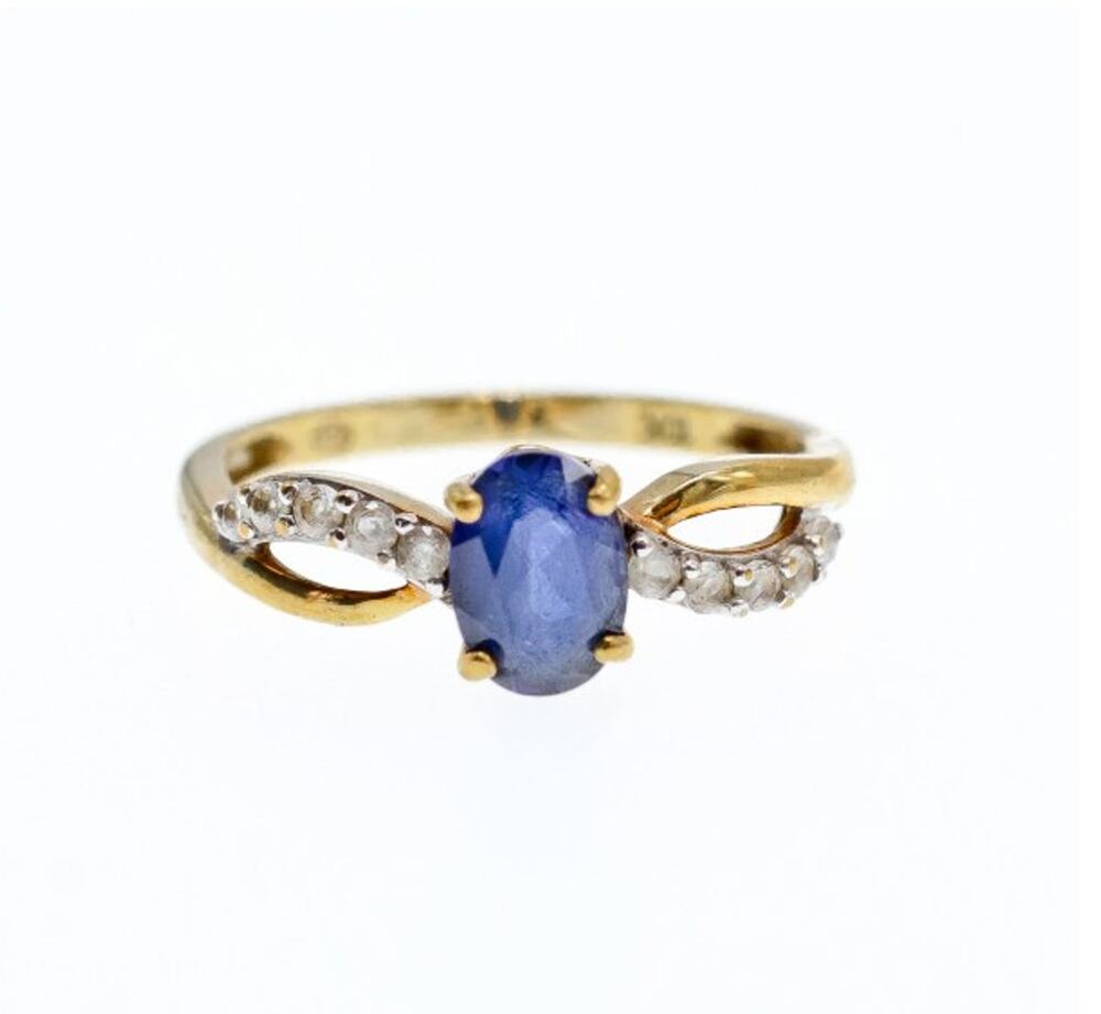 10K Yellow Gold Blue & White Sapphire Ring Size 6.75